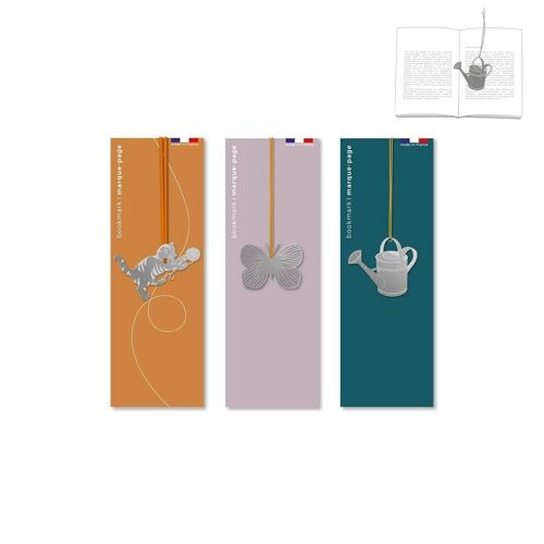 Assortiment de 9 marque-pages en métal - chat/arrosoir/papillon