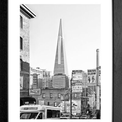 Fotodruck / Poster mit Rahmen und Passepartout Motiv San Francisco SF05 - Motiv: schwarz/weiss - Grösse: XL (80cm x 60cm) - Rahmenfarbe: schwarz matt