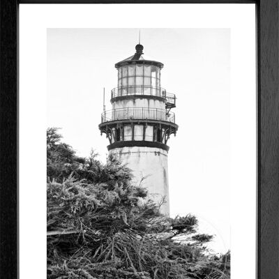 Fotodruck / Poster mit Rahmen und Passepartout Motiv Kalifornien Leuchtturm L01 - Motiv: schwarz/weiss - Grösse: S (25cm x 31cm) - Rahmenfarbe: schwarz matt