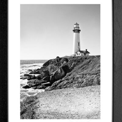 Fotodruck / Poster mit Rahmen und Passepartout Motiv Kalifornien Leuchtturm L06 - Motiv: schwarz/weiss - Grösse: L (57cm x 45cm ) - Rahmenfarbe: weiss matt