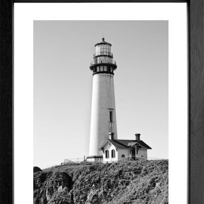 Fotodruck / Poster mit Rahmen und Passepartout Motiv Kalifornien Leuchtturm L12 - Motiv: schwarz/weiss - Grösse: L (57cm x 45cm ) - Rahmenfarbe: schwarz matt