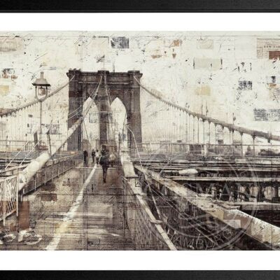 Fotodruck / Poster mit Rahmen und Passepartout Motiv Brooklyn Bridge GM02 - Grösse: S (25cm x 31cm) - Rahmenfarbe: schwarz matt