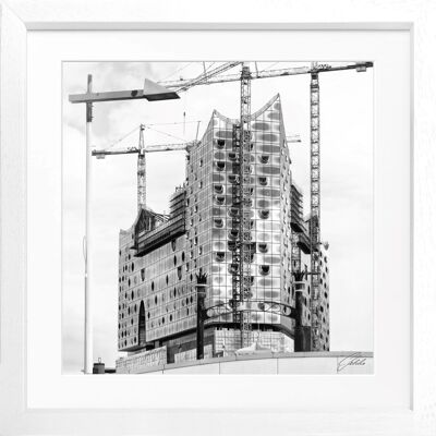 Fotodruck / Poster mit Rahmen und Passepartout Motiv Hamburg HH22 - Motiv: schwarz/weiss - Grösse: Quadrat 80 (80x80cm) - Rahmenfarbe: weiss matt