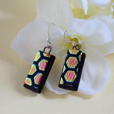 Dichroic glass drop earrings – honeycomb on black style