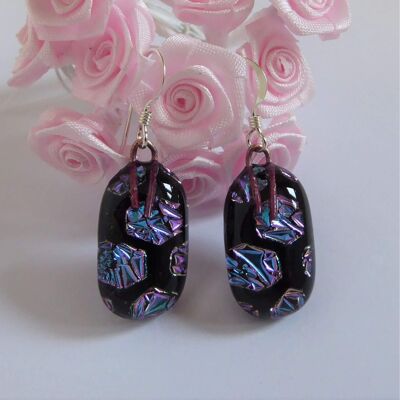 Dichroic glass drop earrings – blue honeycomb style
