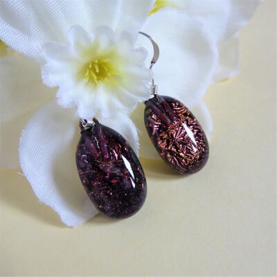 Dichroic glass drop earrings – copper red prismatic style