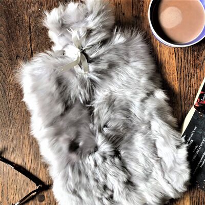 Alpaca Fur And Lambskin Hot Water Bottle / Oyster/Silver