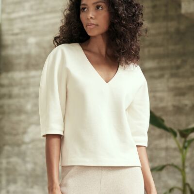AROHA - Elegant V-neck sweater with three-quarter sleeves in ecru | Made in Germany - 36