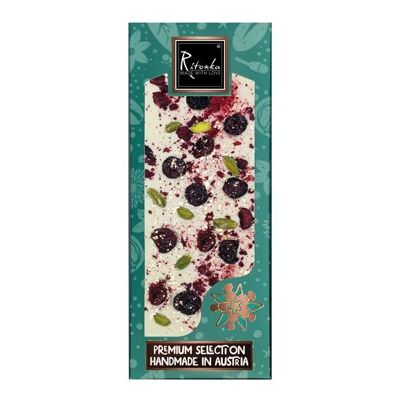 GOURMET SELECTION; white chocolate pistachios, cherries, gold 130g