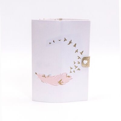 PROTEGE CARNET DE SANTE plume et oiseaux blanc  et coton rose