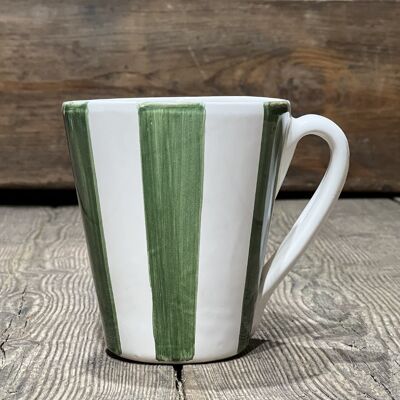 WHITE CERAMIC MUG WITH GREEN STRIPES WITH HANDLE