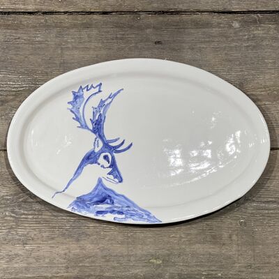 WHITE CERAMIC OVAL TRAY WITH HAND-PAINTED BLUE DEER