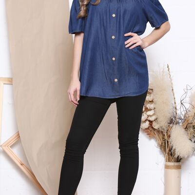 Dark blue off shoulder button up top