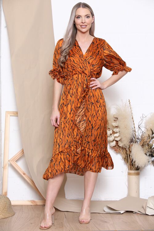 Rust tiger print ruffled dress