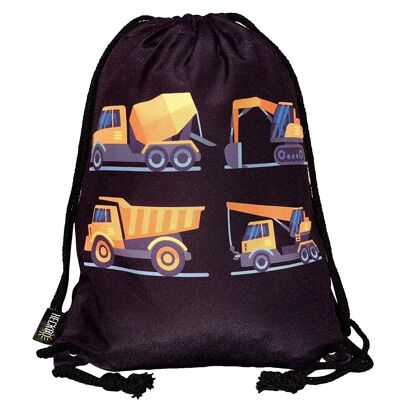 Children's boys' gym bag - black, printed on both sides with 4 construction vehicles - for kindergarten, crèche, travel, sports - backpack, play bag, sports bag, shoe bag