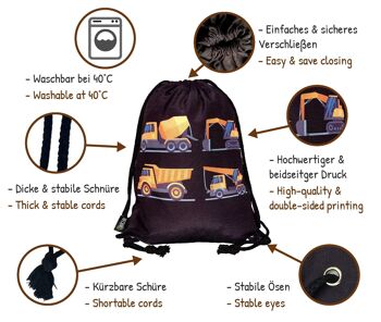 Sac de sport enfant garçon - noir, imprimé recto-verso avec 4 véhicules de chantier - pour maternelle, crèche, voyage, sport - sac à dos, sac de jeux, sac de sport, sac à chaussures 8