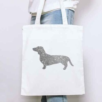 Dachshund Organic Tote Bag - Natural+silver glitter