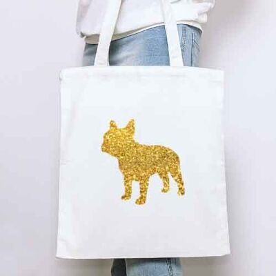 French Bulldog Organic Tote Bag - Natural+gold glitter