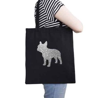 French Bulldog Organic Tote Bag - Black+silver glitter