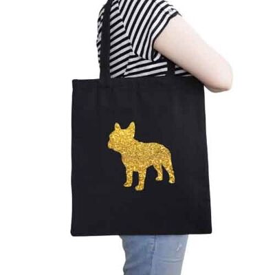 French Bulldog Organic Tote Bag - Black+gold glitter