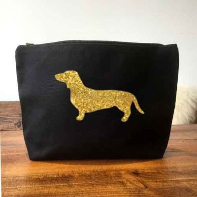 Dachshund Make-Up Bag - Black+gold glitter