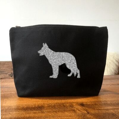 German Shepherd Make-Up Bag - Black+silver glitter