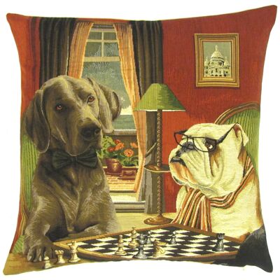 taie d'oreiller décorative chiens jouant aux échecs