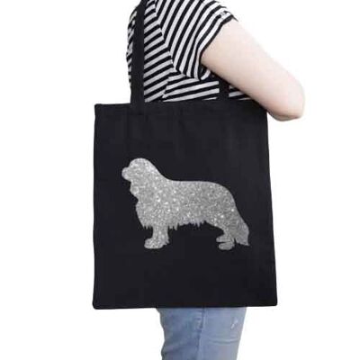 King Charles Spaniel Organic Tote Bag - Black+silver glitter