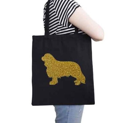 King Charles Spaniel Organic Tote Bag - Black+gold glitter