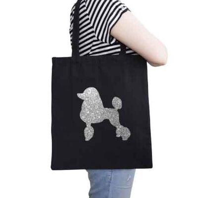 Poodle Organic Tote Bag - Black+silver glitter