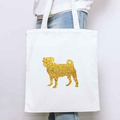 Pug Organic Tote Bag - Natural+gold glitter