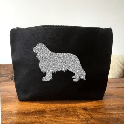 King Charles Spaniel Make-Up Bag - Black+silver glitter