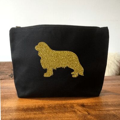 King Charles Spaniel Make-Up Bag - Black+gold glitter