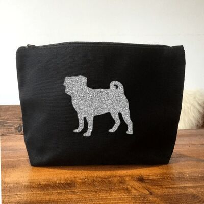 Pug Make-Up Bag - Black+silver glitter