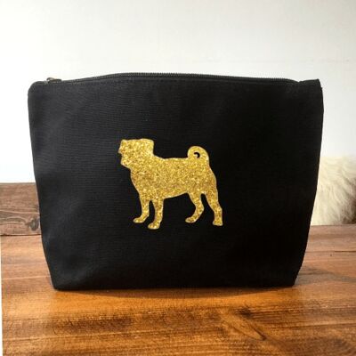 Pug Make-Up Bag - Black+gold glitter