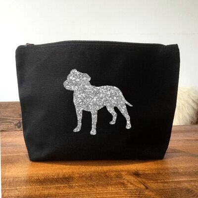 Staffordshire Bull Terrier Make-Up Bag - Black+silver glitter