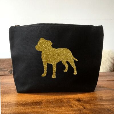 Staffordshire Bull Terrier Make-Up Bag - Black+gold glitter