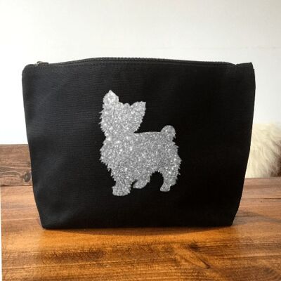Yorkshire Terrier Make-Up Bag - Black+silver glitter