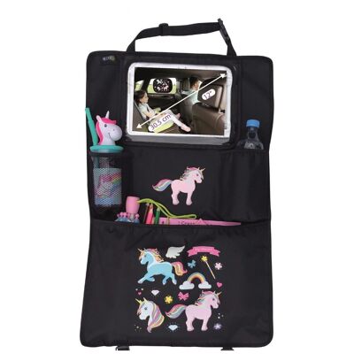1x children's car seat backrest protection organizer with adjustable tablet pocket, storage for accessories - unicorn motif - universal - 70x45cm - incl. cup holder + storage net