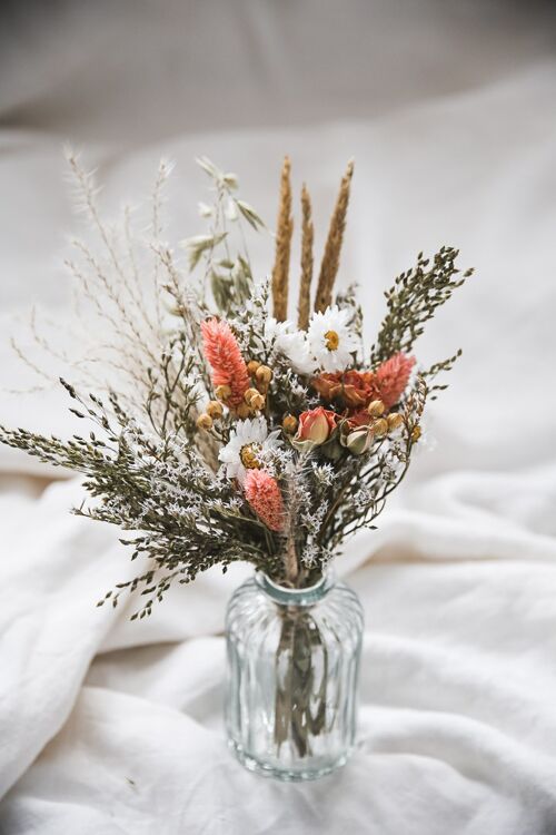Vase et fleurs séchées beige, rose et blanc Esprit Champêtre 1