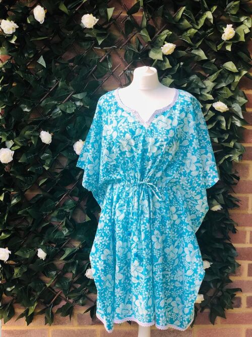 Turquoise Floral Kaftan Dress