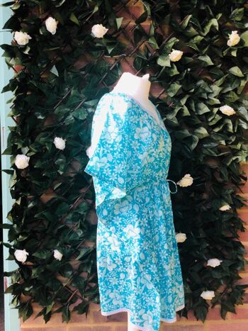 Robe caftan fleurie turquoise 3