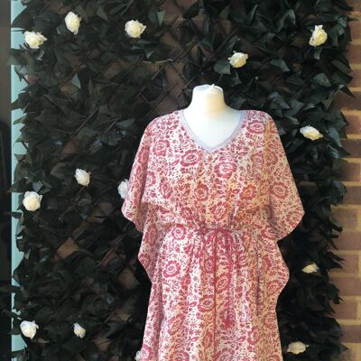 Robe caftan à fleurs rose pour femme