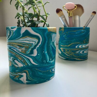 Marbled Round Pot in Teal & White - Without gold / sku080