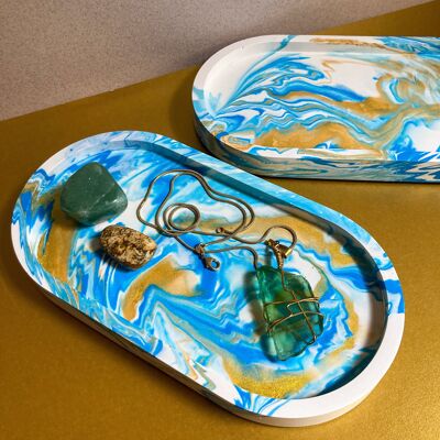 OVAL TRAY - BLUE MARBLE - With gold / sku200