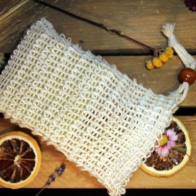 Soap pouch with a brown wooden ball