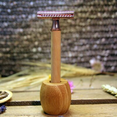 Bamboo safety razor stand for women's safety razors (thin handle)