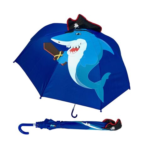 3D Kinder Regenschirm Stockschirm Piraten Hai mit Mütze und Schwert - Umbrella Jungen Mädchen - Kindergarten und Schule Zubehör - zur Einschulung für die Schultüte