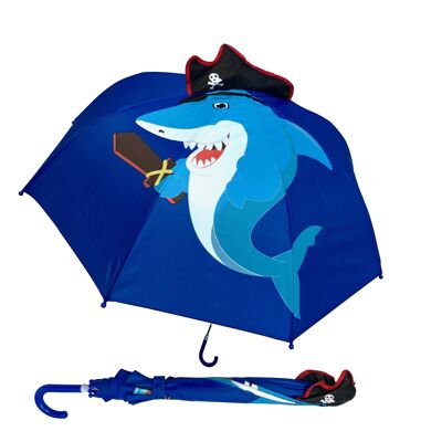 3D Kinder Regenschirm Stockschirm Piraten Hai mit Mütze und Schwert - Umbrella Jungen Mädchen - Kindergarten und Schule Zubehör - zur Einschulung für die Schultüte