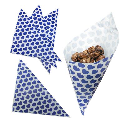 Paper cone bag with a heart motif in blue